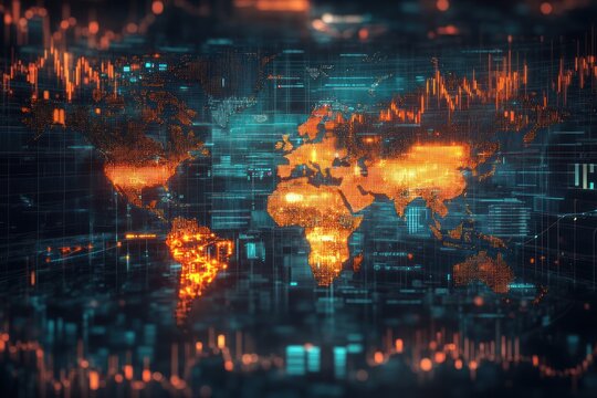 A Digital World Map with Glowing Data Points and Grids