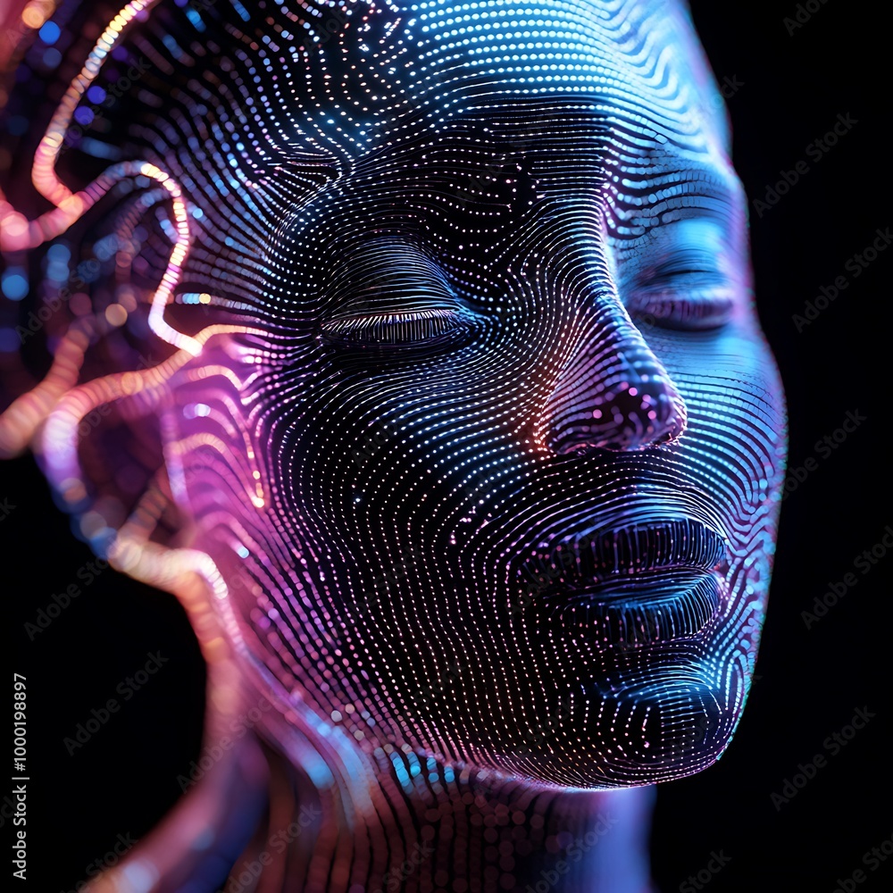Poster digital human face crafted with abstract design illustrating artificial intelligence