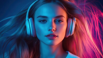 Fototapeta premium portrait of elegant woman with flowing hair wearing sleek wireless headphones soft lighting enhancing features embodying modern audio technology and style