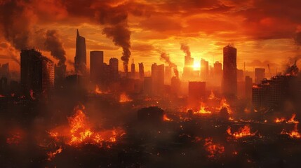 postapocalyptic cityscape engulfed in flames destroyed buildings dramatic smoke plumes fiery orange sky
