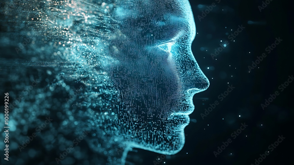 Poster digital human face in abstract form showcasing artificial intelligence’s future image