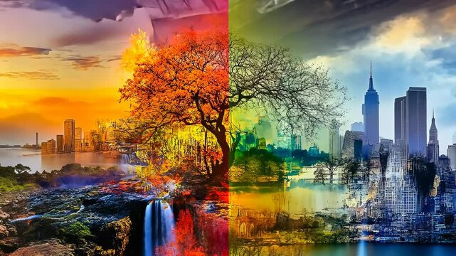 The vibrant artwork features a tree at the center, dividing a dynamic cityscape into colorful day and night scenes. The left side shows a sunset with warm hues, while the right side depicts a cool,