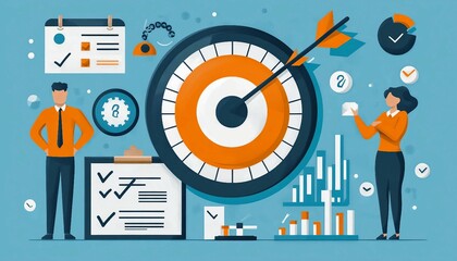 Obraz premium Tiny people developing self control system isolated flat vector illustration, A flat, modern illustration depicting a business goal-setting concept. 