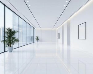 Fototapeta premium Minimalist bank building with smooth white walls, sleek glass panels, and no visible decoration, Contemporary, natural lighting, soft shadows