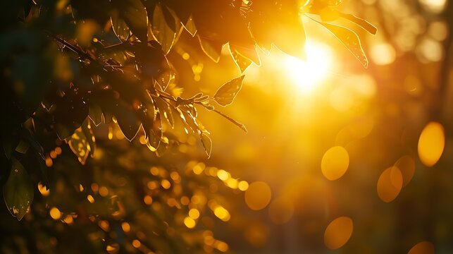Golden hour sunset sunrise time tranquil spring summer nature closeup bokeh forest background