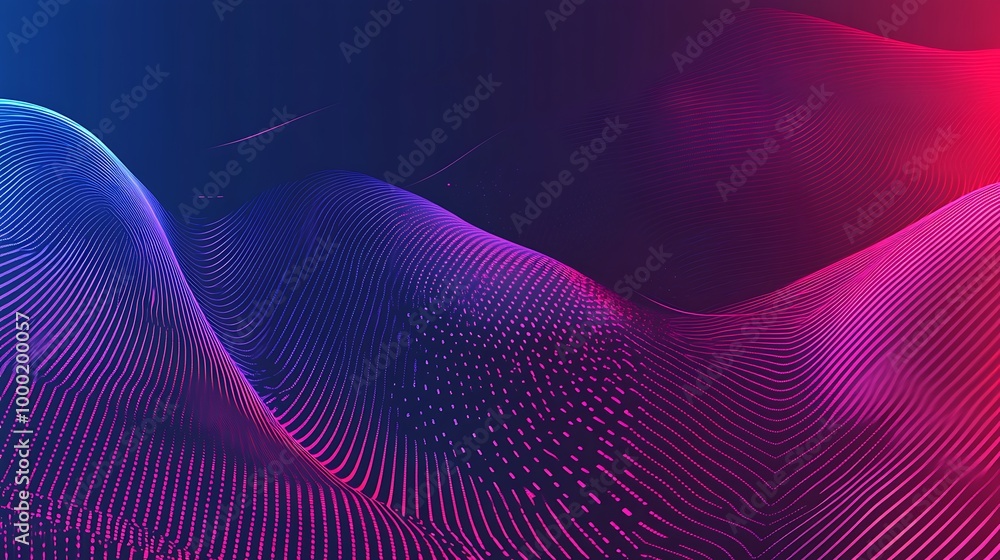 Poster Abstract digital background with wavy lines and dots in blue and red gradients.