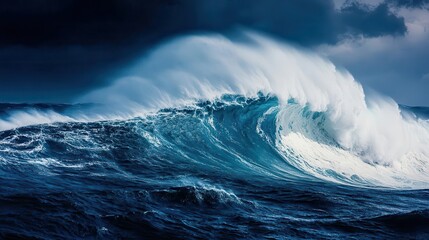powerful seascape massive wave with foamy crest against deep blue background isolated composition emphasizes raw power and motion of water highcontrast details capture oceans might