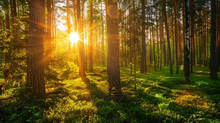 Obraz premium Sunset or sunrise in the summer pine forest with rays of light passing through the trees
