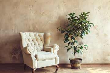 White chair sits in front of a wall with a plant in a pot. The room is empty and has a minimalist feel