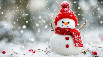 Fototapeta premium Cheerful Snowman with Red Scarf