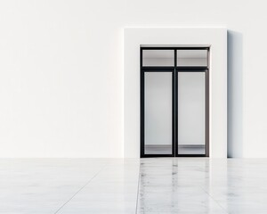 Minimalist bank with a glass-fronted facade, clean white walls, and simple geometric shapes, Contemporary design, soft light, realistic