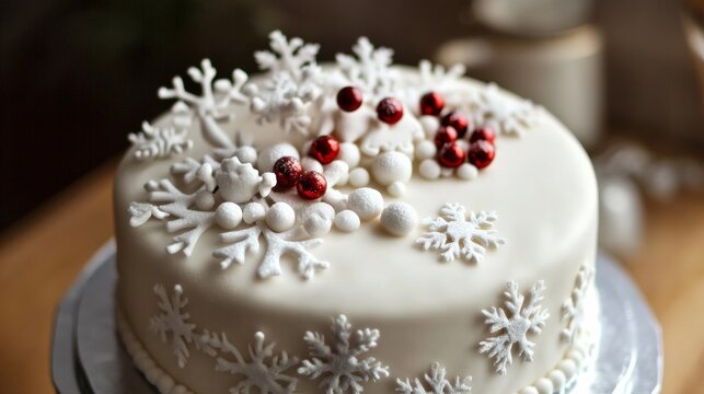 White Cake with Snowflakes and Berries