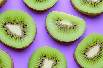 Fototapeta premium Kiwi slices, colorful seamless 3D pattern, bright green on a lavender background