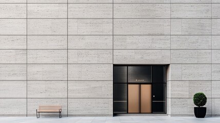 Minimalist bank facade with smooth stone walls, frameless glass panels, and simple metallic signage, Modernist, neutral palette, crisp focus