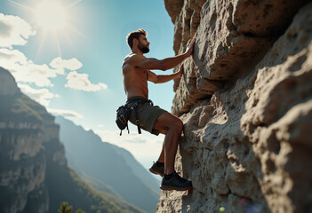 Daring rock climber tackles a challenging cliff on a sunny day. Experience the thrill and excitement of outdoor climbing and breathtaking scenery.