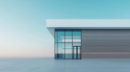 Fototapeta premium Minimalist bank facade with horizontal slatted panels, large seamless glass windows, and a flat roof, Modern design, neutral colors, soft natural light