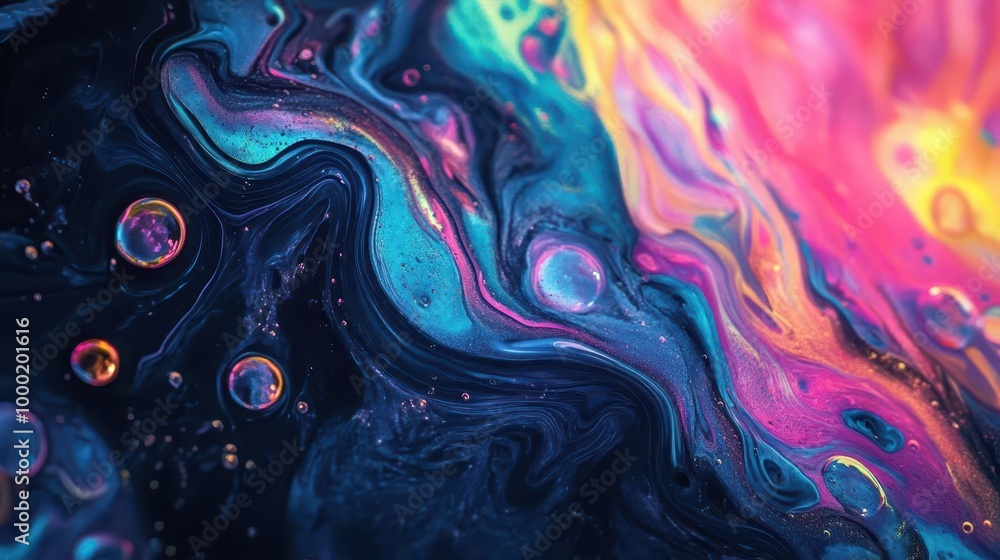 Poster psychedelic liquid art with swirling neon colors iridescent bubbles and fractal patterns in mesmeriz