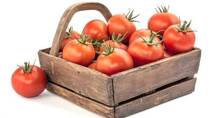 Realistic arrangement of fresh tomatoes in a rustic wooden basket on a white background, focusing on their rich red color and smooth surface
