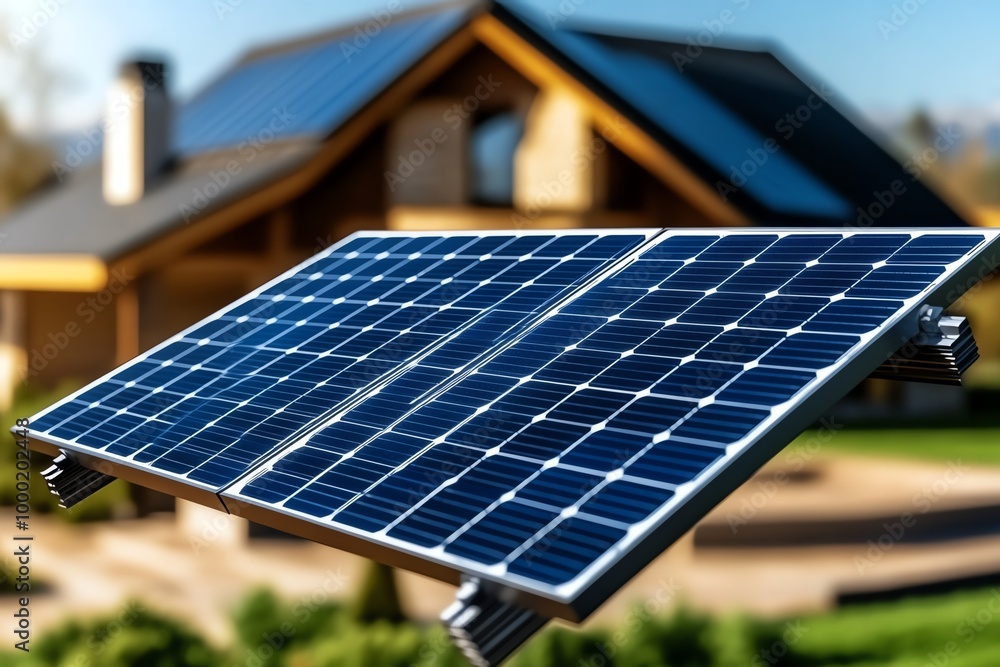 Poster minimal solar panel and house icon, with bold, simple lines showing the integration of renewable ene