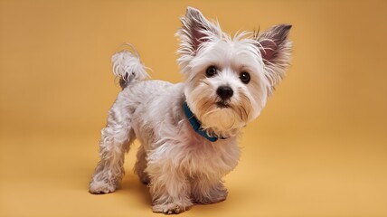 Adorable, perplexed small puppy isolated on a yellow background with question marks