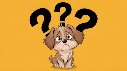 Adorable, perplexed small puppy isolated on a yellow background with question marks