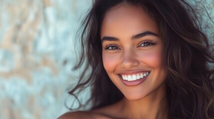 radiant latina model with flawless skin and dazzling smile laughing candidly against a softfocus backdrop exuding warmth and confidence
