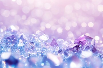 closeup of white crystal particles, sparkling like diamonds with a light purple background with bokeh effect