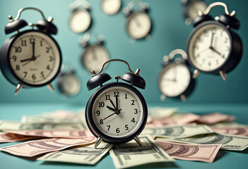 Several vintage alarm clocks hover over stacks of cash, symbolizing the relationship between time and money management.