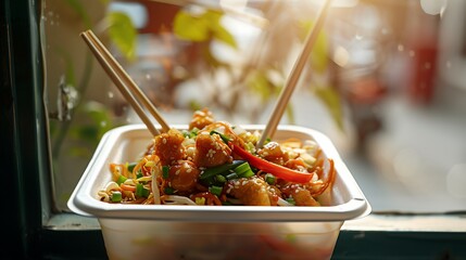 White takeout container filled with flavorful Chinese noodles and veggies, perfect for capturing a simple, delicious takeout meal.

