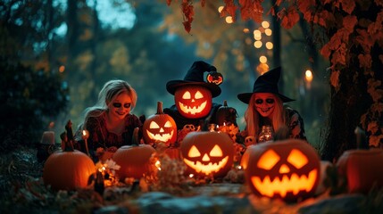 Naklejka premium A group of friends enjoying Halloween night outdoors, surrounded by glowing jack-o'-lanterns, candles, and autumn leaves.