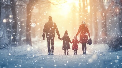 Family Walking Hand-in-Hand Through Snowy Forest