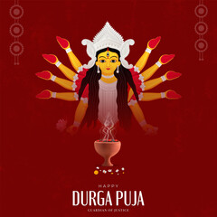 Vector illustration of Goddess Shri Durga for Durga Puja, Subh Navratri, with a vibrant red background