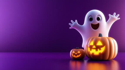 3D Illustration of a cute ghost and jack o lantern for halloween with a purple background.