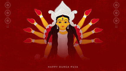 Vector illustration of Goddess Shri Durga for Durga Puja, Subh Navratri, with a vibrant red background