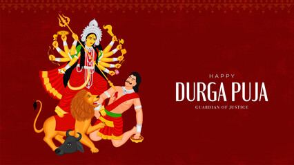 Vector illustration of Goddess Shri Durga for Durga Puja, Subh Navratri, with a vibrant red background