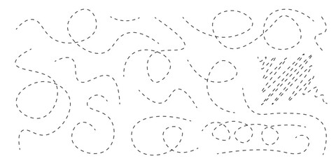 Hand-drawn dotted and dashed lines illustrations isolated collection set. Vector icons in flat style