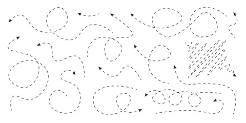 Waved dashed dotted hand-drawn curved lines arrows isolated illustration set. Vector icons in flat style