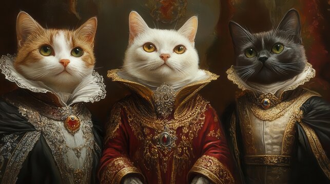 renaissancestyle cats in regal attire ornate backdrop oil painting texture surreal and whimsical animal portraits