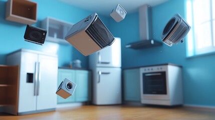 Gravity-Defying Home Appliances in 3D: A Stunning Studio Render Featuring Levitating Refrigerator, Gas Cooker, Microwave, Cooker Hood, Air Conditioner, and Washing Machine in Mid-Air