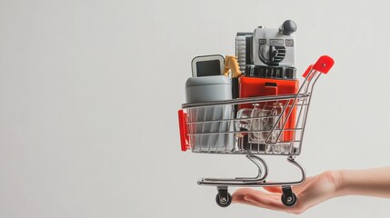 Hand Holding Mini Shopping Cart with Household Appliances on White Background"
