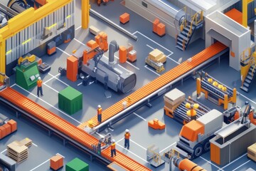 Isometric View of a Factory Production Line with Workers and Automated Equipment