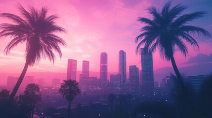 retrofuturistic cityscape at dawn neonhued skyscrapers piercing cotton candy skies silhouetted palm trees framing the scene evoking nostalgic 80s aesthetics