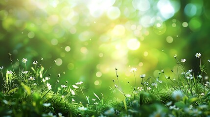 Green grass with flowers and bokeh lights. Nature background