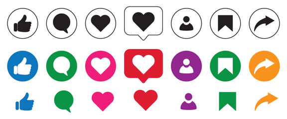 Set of Like, love, heart, thumb up, repost, comment, share, save, stories user button sign in circle and speech bubble shapes, emoji post reactions for social media