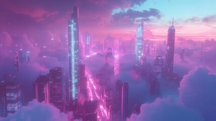 Fototapeta premium retrofuturistic cityscape bathed in neon hues cyberpunk aesthetic with towering skyscrapers piercing cotton candy clouds