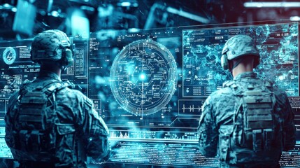 A futuristic communication interface displaying encrypted data transmission between soldiers in the field, emphasizing secure and advanced military communication technology
