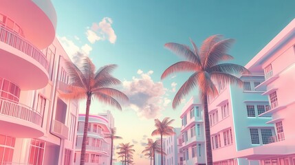 retrofuturistic miami beach scene with pastelcolored art deco buildings and palm trees dreamy atmosphere with soft gradients and geometric shapes evoking a nostalgic yet surreal vibe