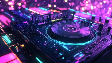 retrofuturistic music lounge holographic dj spinning virtual vinyl neon cassette tape constellations synthwave aesthetics