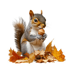 Obraz premium Squirrel Holding Acorn with Autumn Leaves 