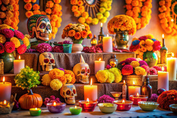 Fototapeta premium Vibrant altar adorned with colorful flowers and candles celebrating the Day of the Dead in a warm, inviting atmosphere. Generative AI
